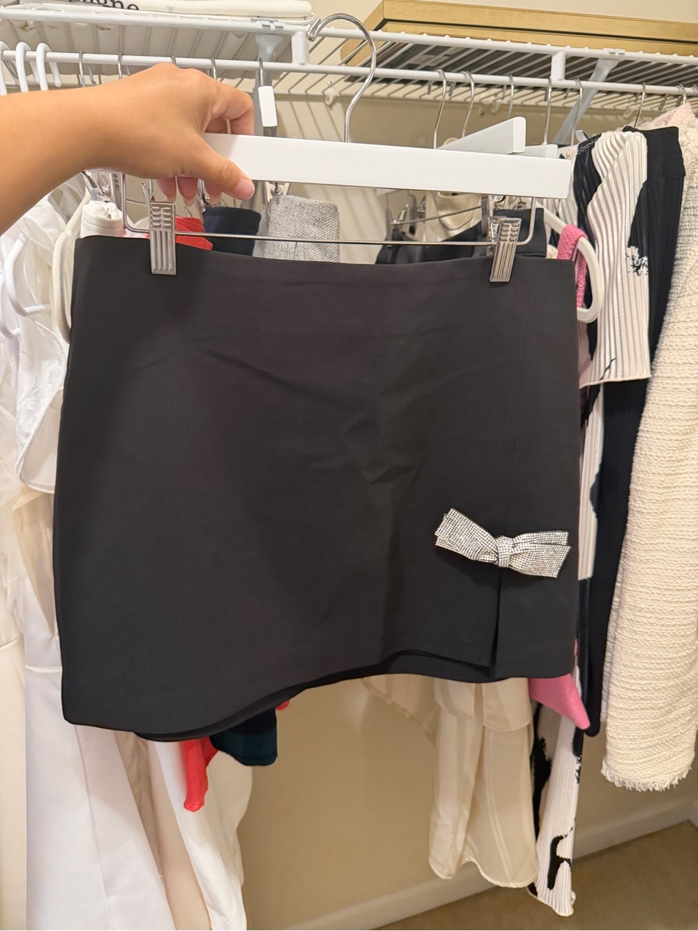 Black Mini Skirt with Rhinestone Bow Accent
